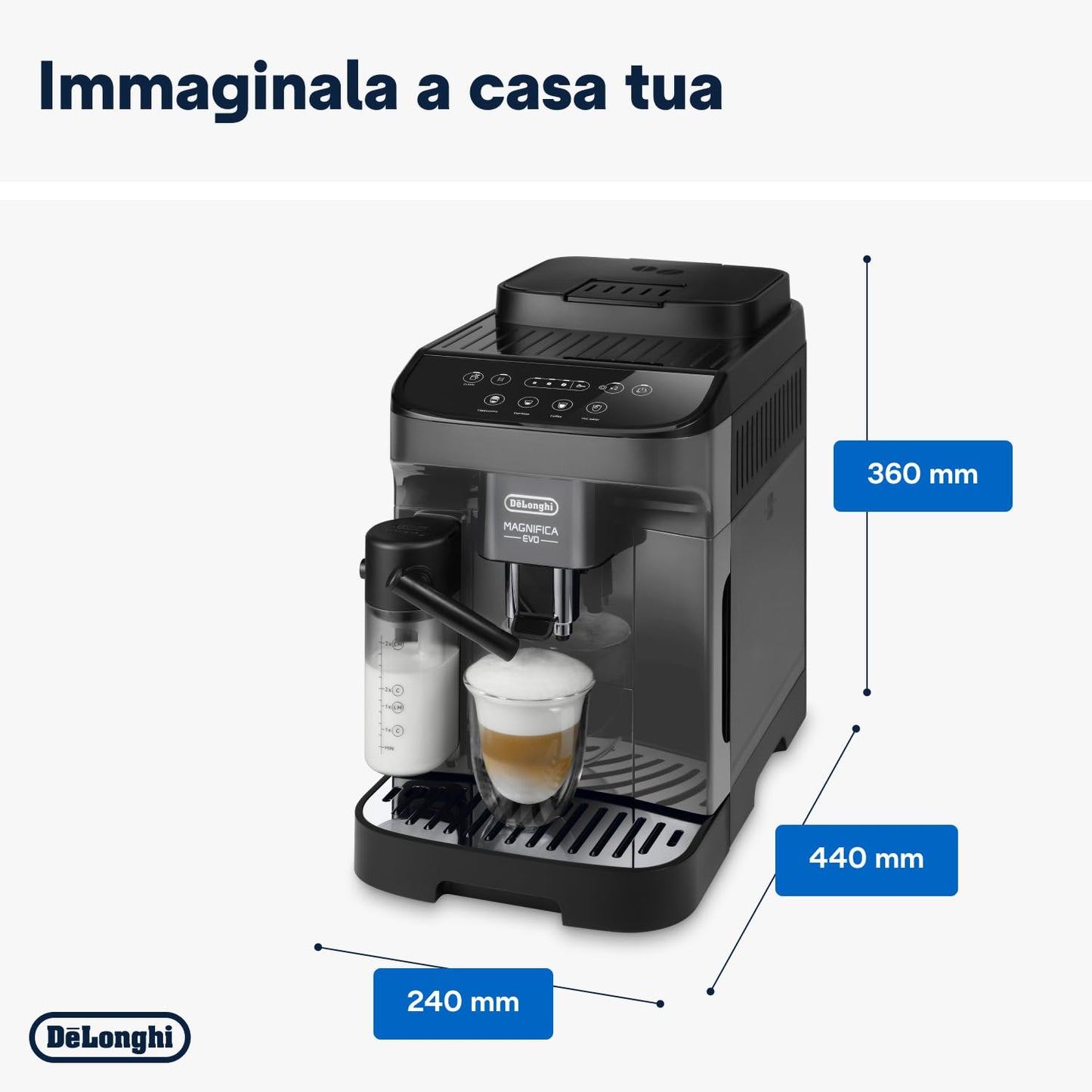 De'Longhi Magnifica Evo Macchina da Caffè Automatica con Montalatte, 4 Bevande One Touch, Grigia