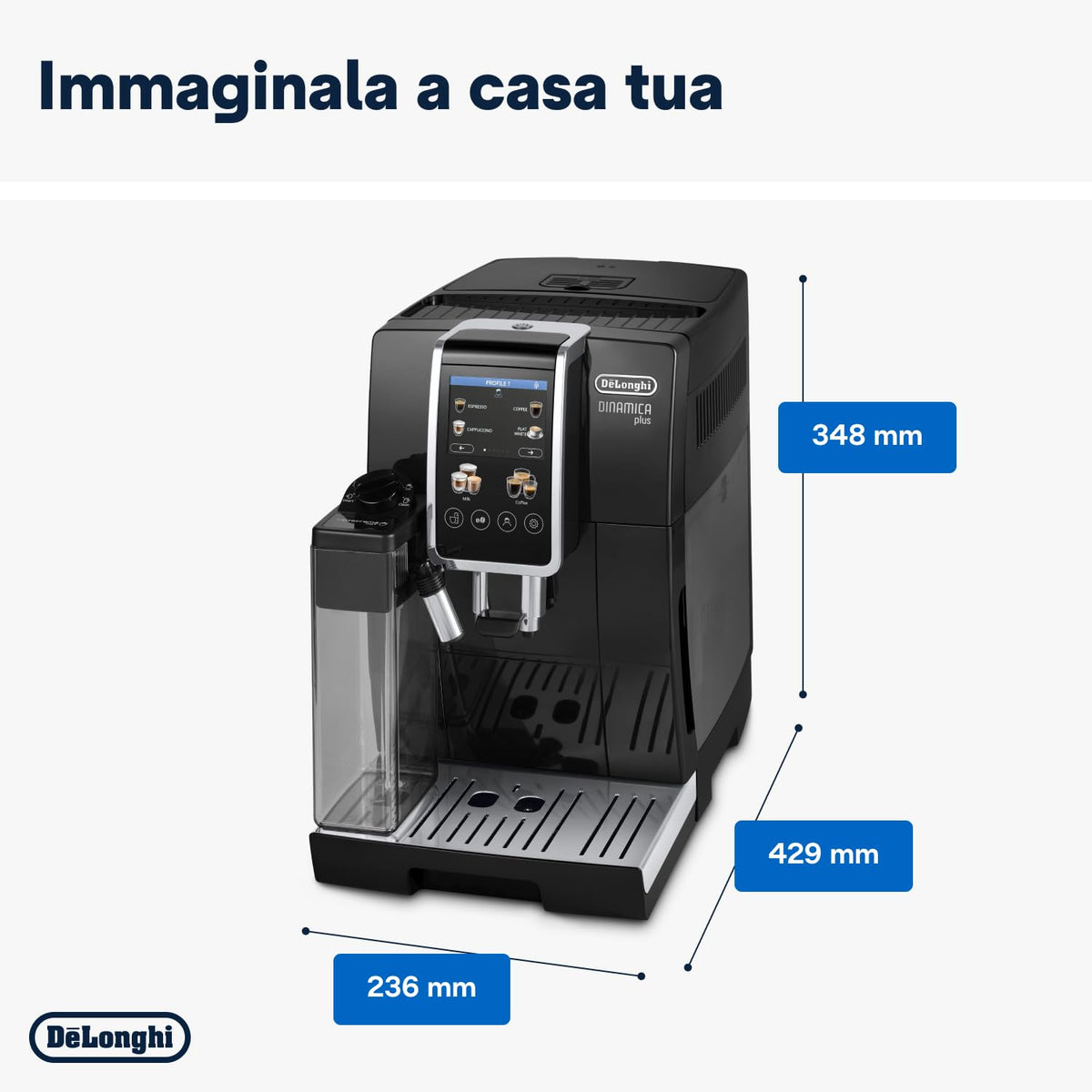 De'Longhi Dinamica Plus ECAM382.70.B Macchina da Caffè Automatica con LatteCrema, 18 Bevande, Nera