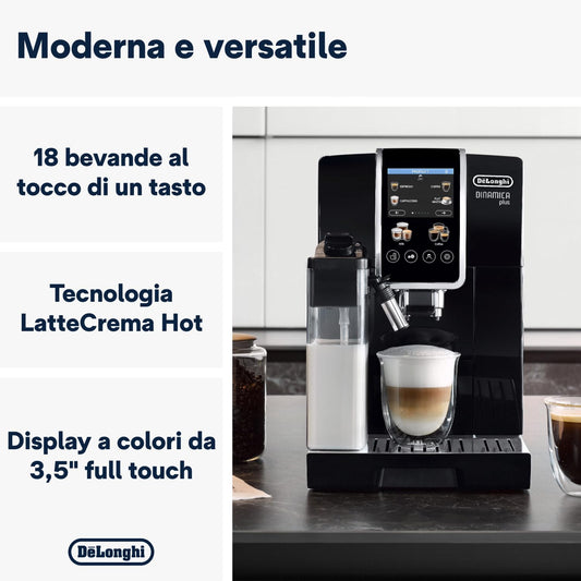 De'Longhi Dinamica Plus ECAM382.70.B Macchina da Caffè Automatica con LatteCrema, 18 Bevande, Nera