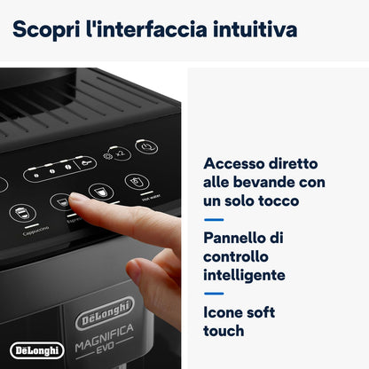 De'Longhi Magnifica Evo Macchina da Caffè Automatica con Montalatte, 4 Bevande One Touch, Grigia