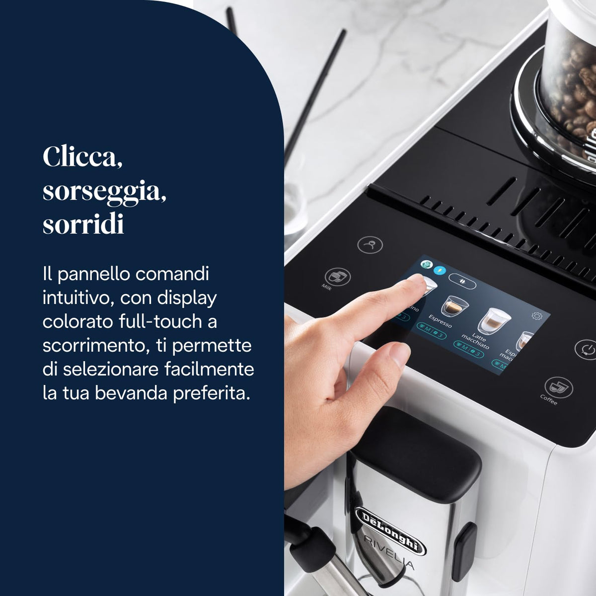 De'Longhi Rivelia Perfetto EXAM440.55.W Macchina da Caffè Automatica con Montalatte e Display Touch, Bianca