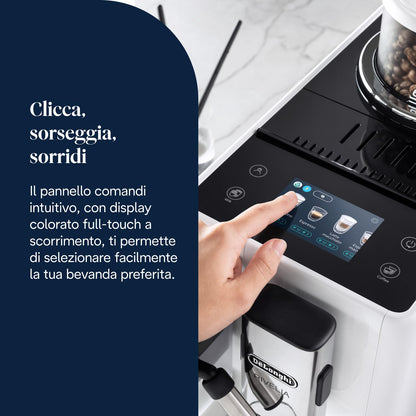 De'Longhi Rivelia Perfetto EXAM440.55.W Macchina da Caffè Automatica con Montalatte e Display Touch, Bianca