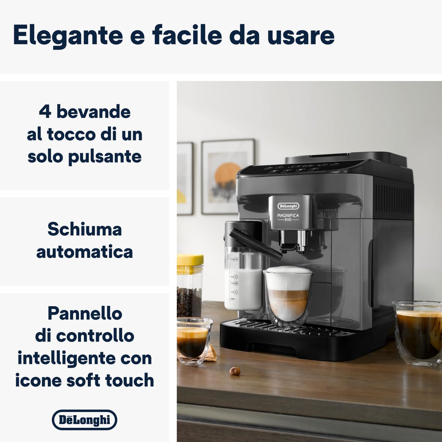 De'Longhi Magnifica Evo Macchina da Caffè Automatica con Montalatte, 4 Bevande One Touch, Grigia