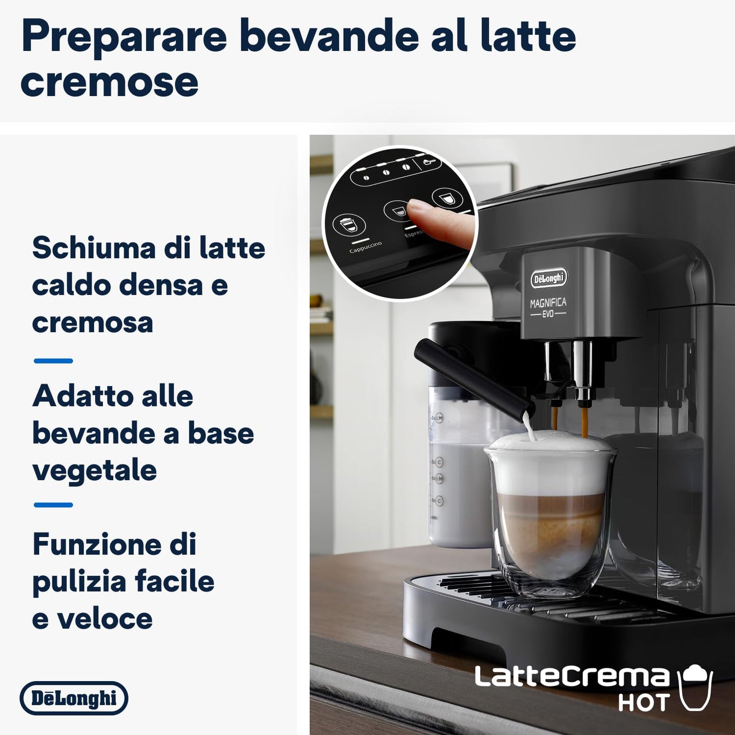 De'Longhi Magnifica Evo Macchina da Caffè Automatica con Montalatte, 4 Bevande One Touch, Grigia