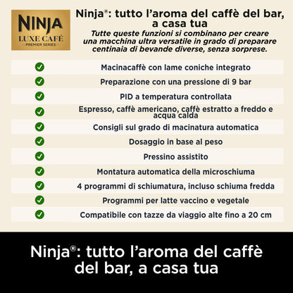 Ninja Luxe Premier ES601EUBK Macchina da Caffè 3 in 1 Espresso, Cold Brew e Caffè Filtro, Nera