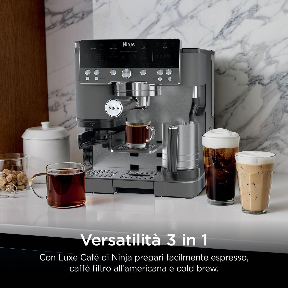 Ninja Luxe Premiere Macchina da Caffè 3 in 1 per Espresso e Cappuccino, Grigio Metallizzato