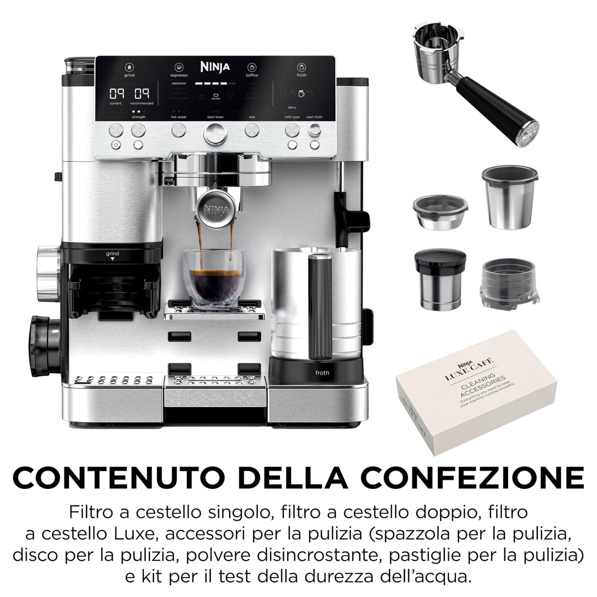 Ninja Luxe Premiere ES601EU Macchina da Caffè 3 in 1 per Espresso, Cappuccino e Caffè Filtro, Argento