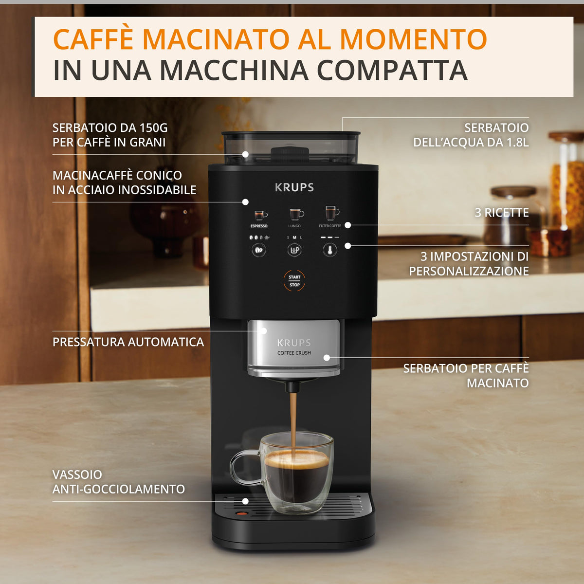 Krups Coffee Crush Extra SA4028 Macchina da Caffè Automatica con Macinacaffè Integrato, Nera