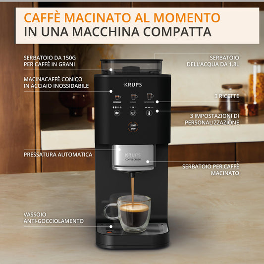 Krups Coffee Crush Extra SA4028 Macchina da Caffè Automatica con Macinacaffè Integrato, Nera