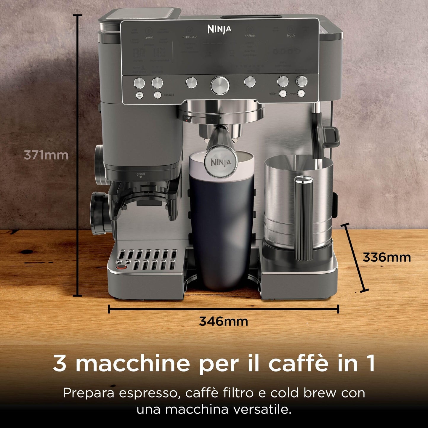 Ninja Luxe Premiere Macchina da Caffè 3 in 1 per Espresso e Cappuccino, Grigio Metallizzato
