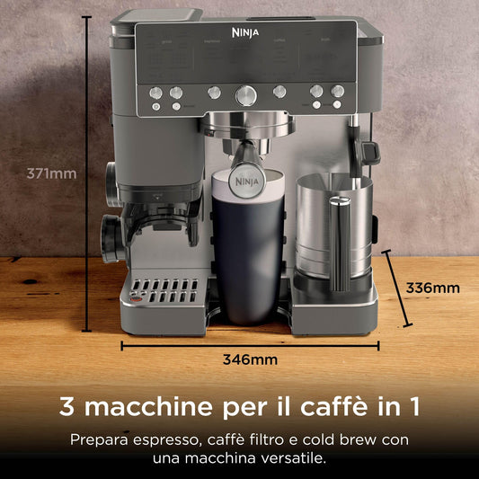 Ninja Luxe Premiere Macchina da Caffè 3 in 1 per Espresso e Cappuccino, Grigio Metallizzato